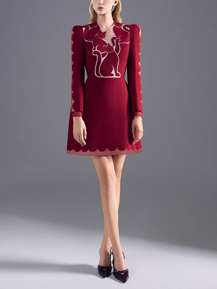 Grace temperament red pinched waist kitty dress
