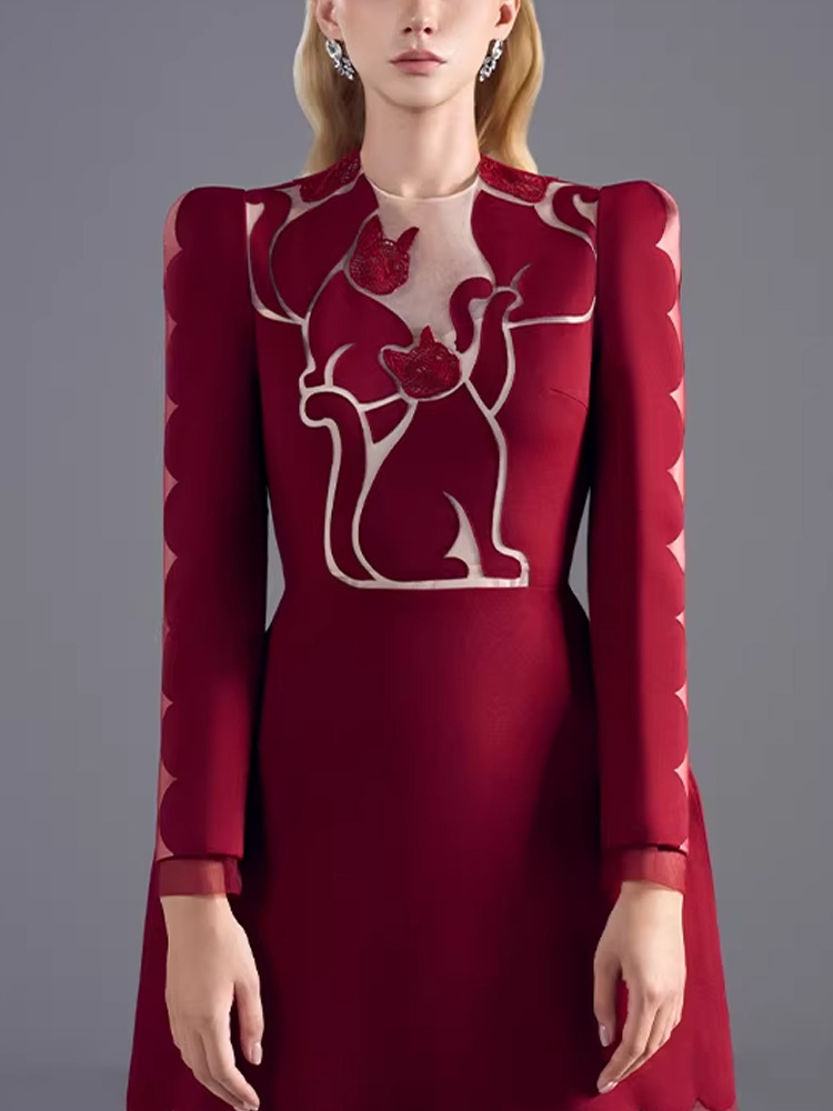 Grace temperament red pinched waist kitty dress