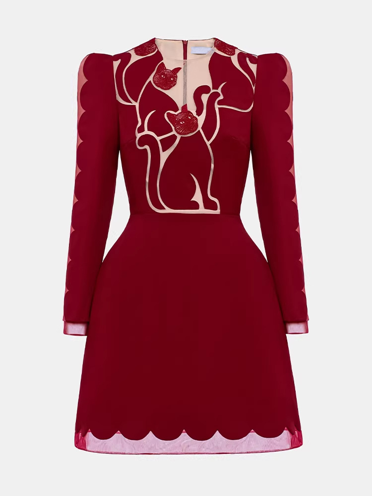 Grace temperament red pinched waist kitty dress