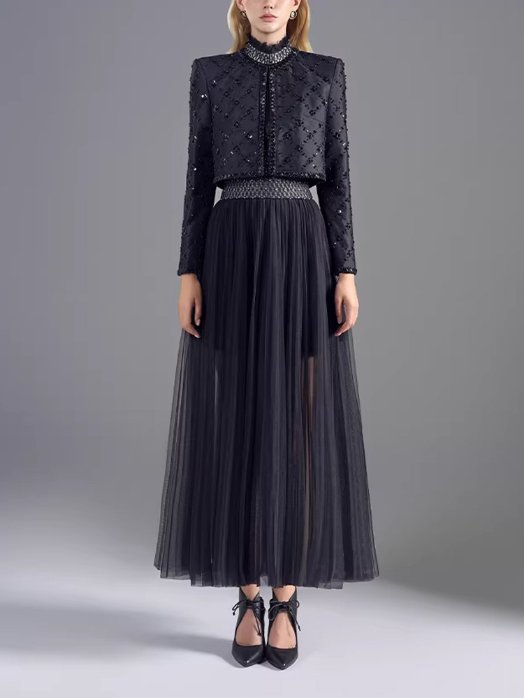 Pleated niche coat black sleeveless corset 2pcs set