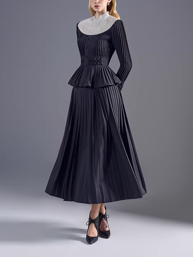 Hepburn style retro tops crimp skirt 2pcs set for women