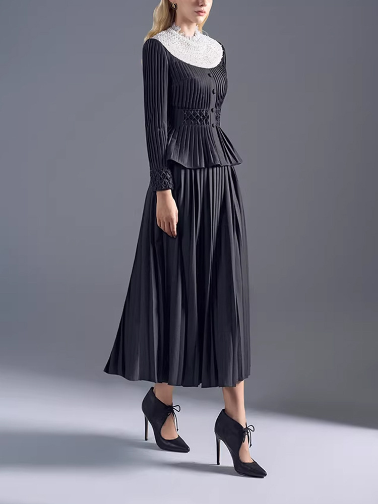 Hepburn style retro tops crimp skirt 2pcs set for women