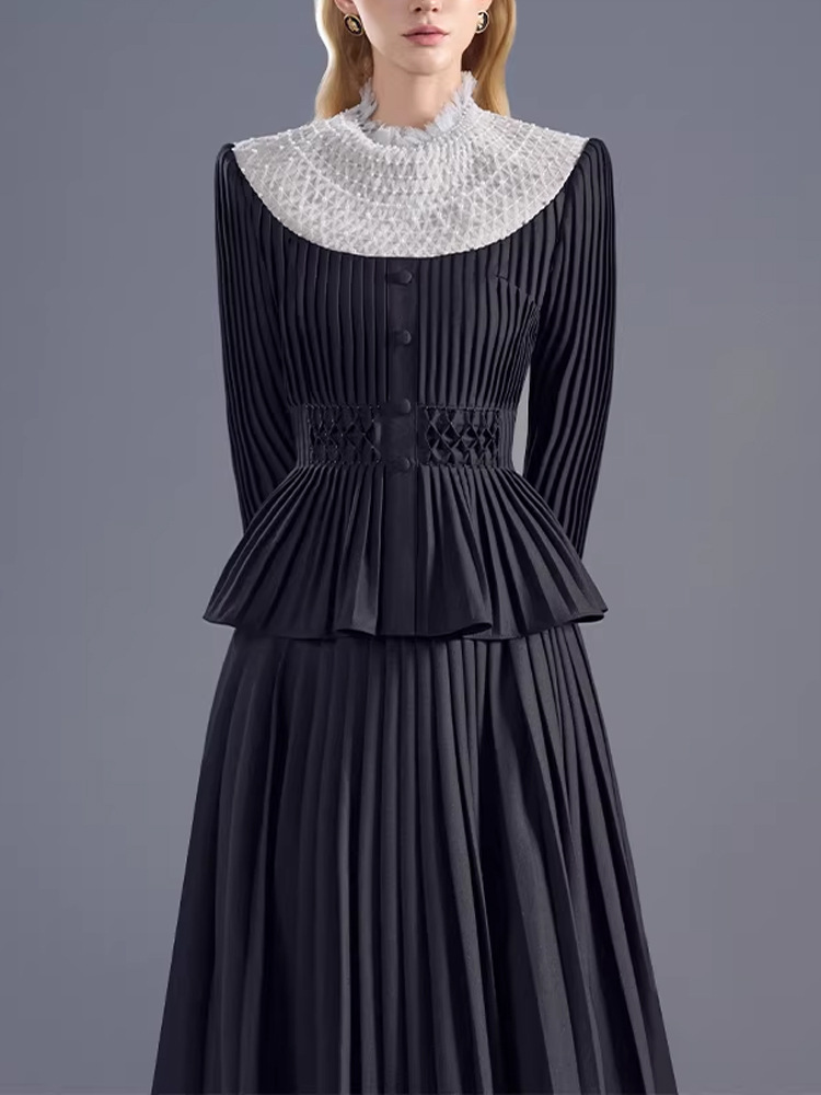 Hepburn style retro tops crimp skirt 2pcs set for women