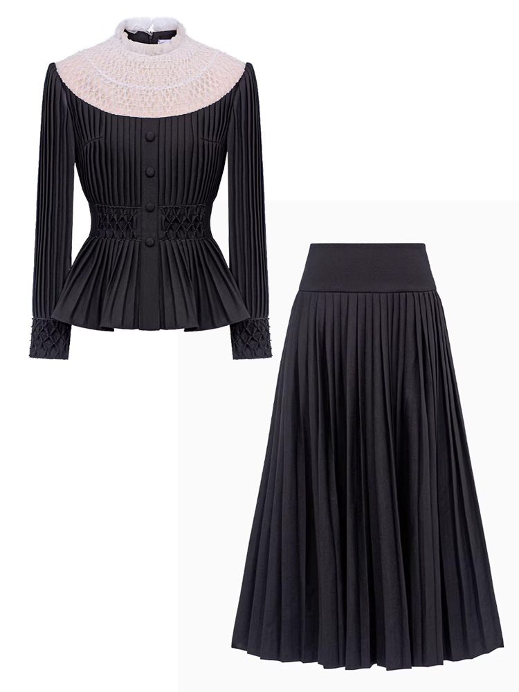 Hepburn style retro tops crimp skirt 2pcs set for women