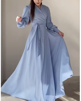 Blue V-neck dress large hem satin long dress for women