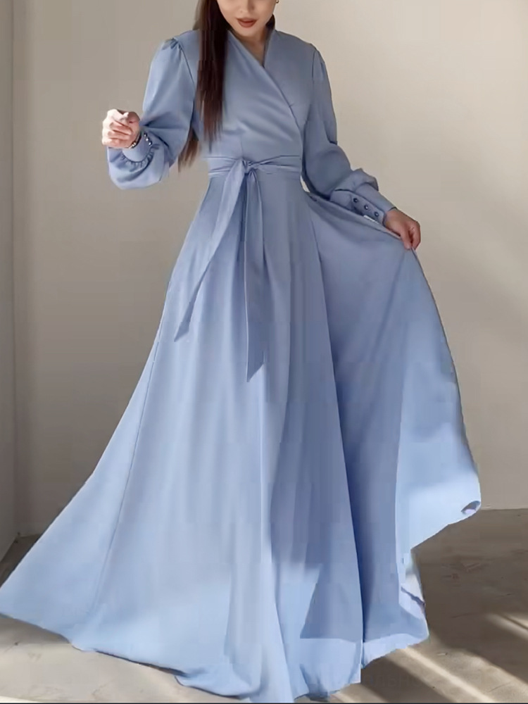 Blue V-neck dress large hem satin long dress for women