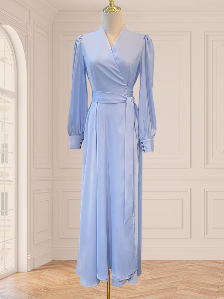 Blue V-neck dress large hem satin long dress for women
