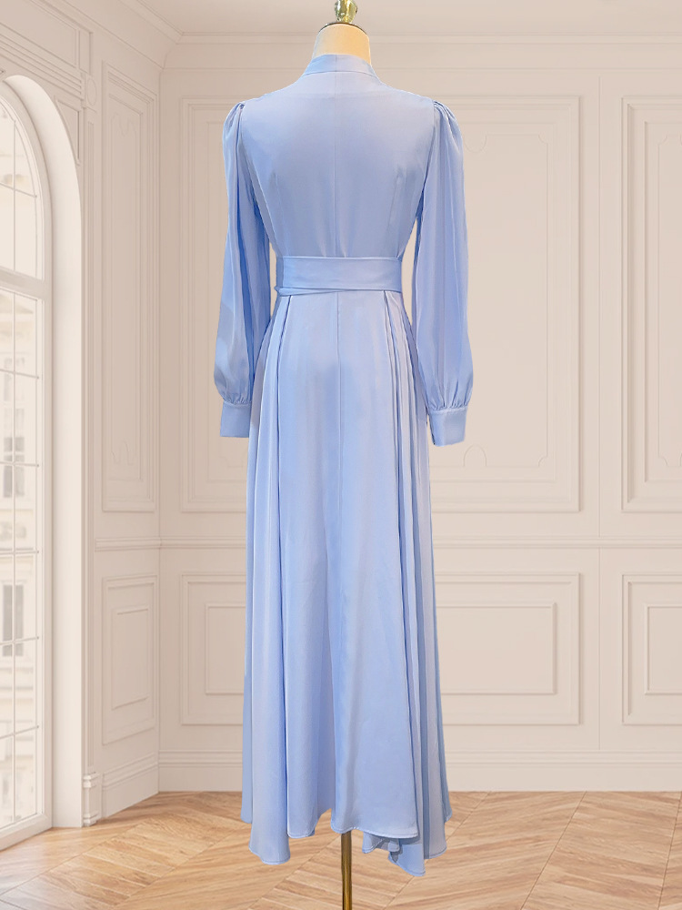 Blue V-neck dress large hem satin long dress for women