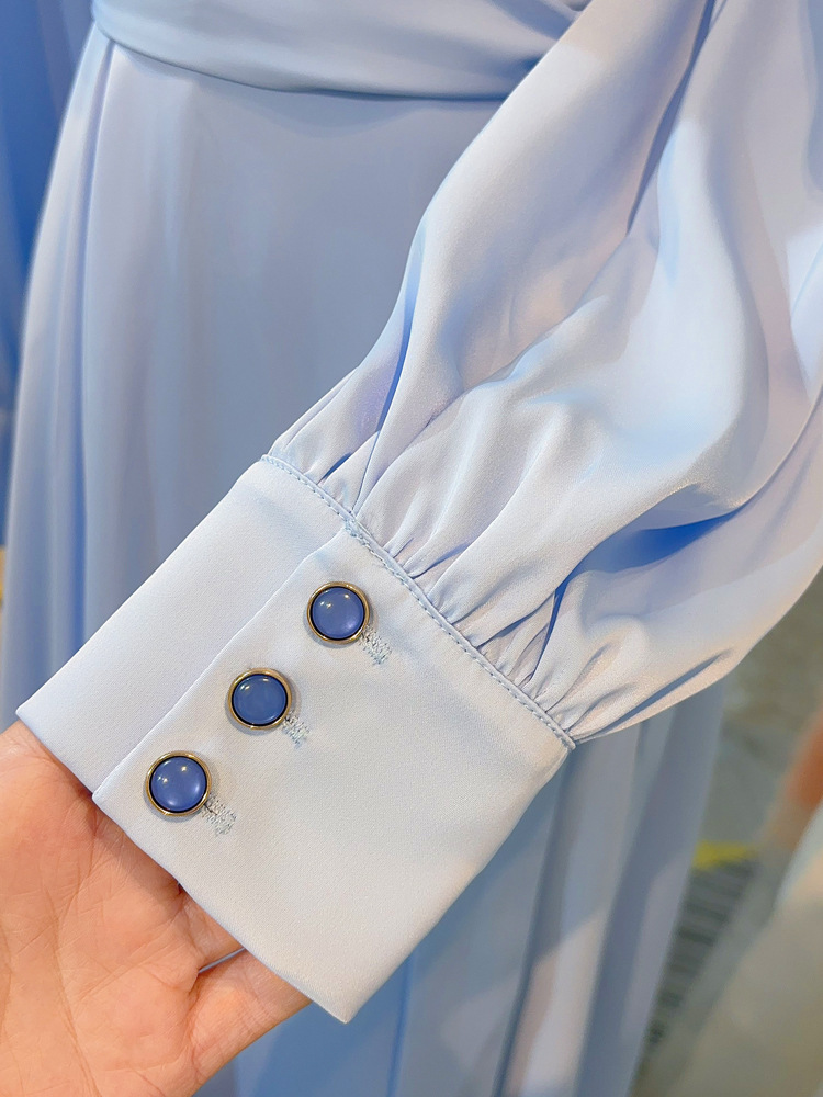 Blue V-neck dress large hem satin long dress for women