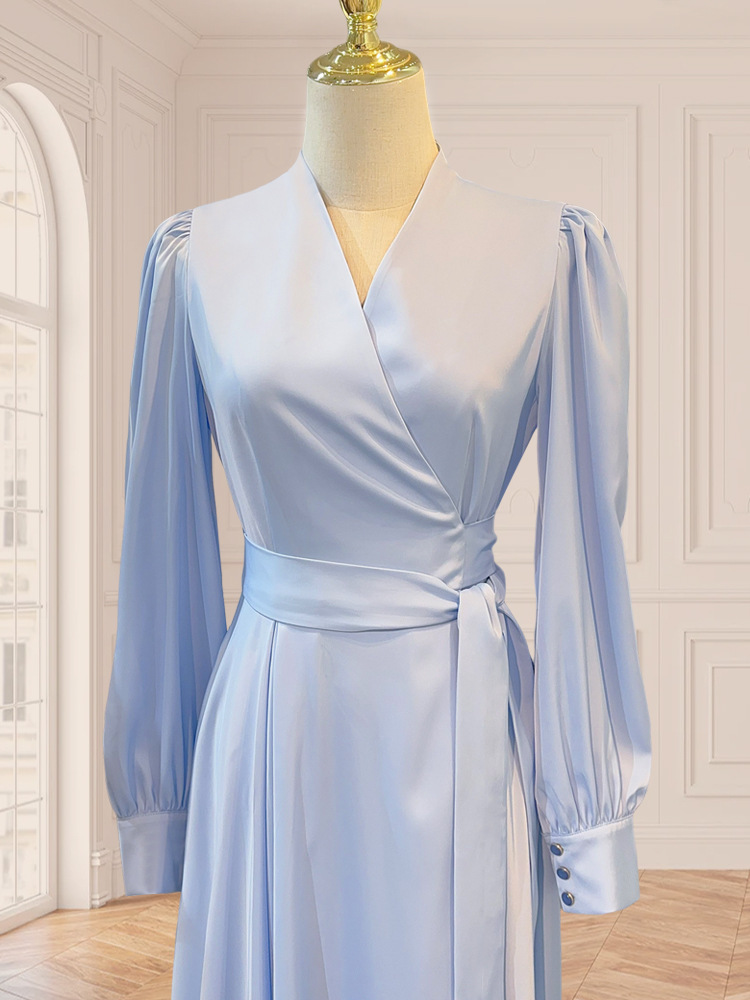Blue V-neck dress large hem satin long dress for women