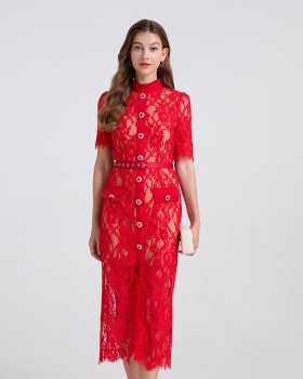 Splice elasticity high waist short sleeve dress