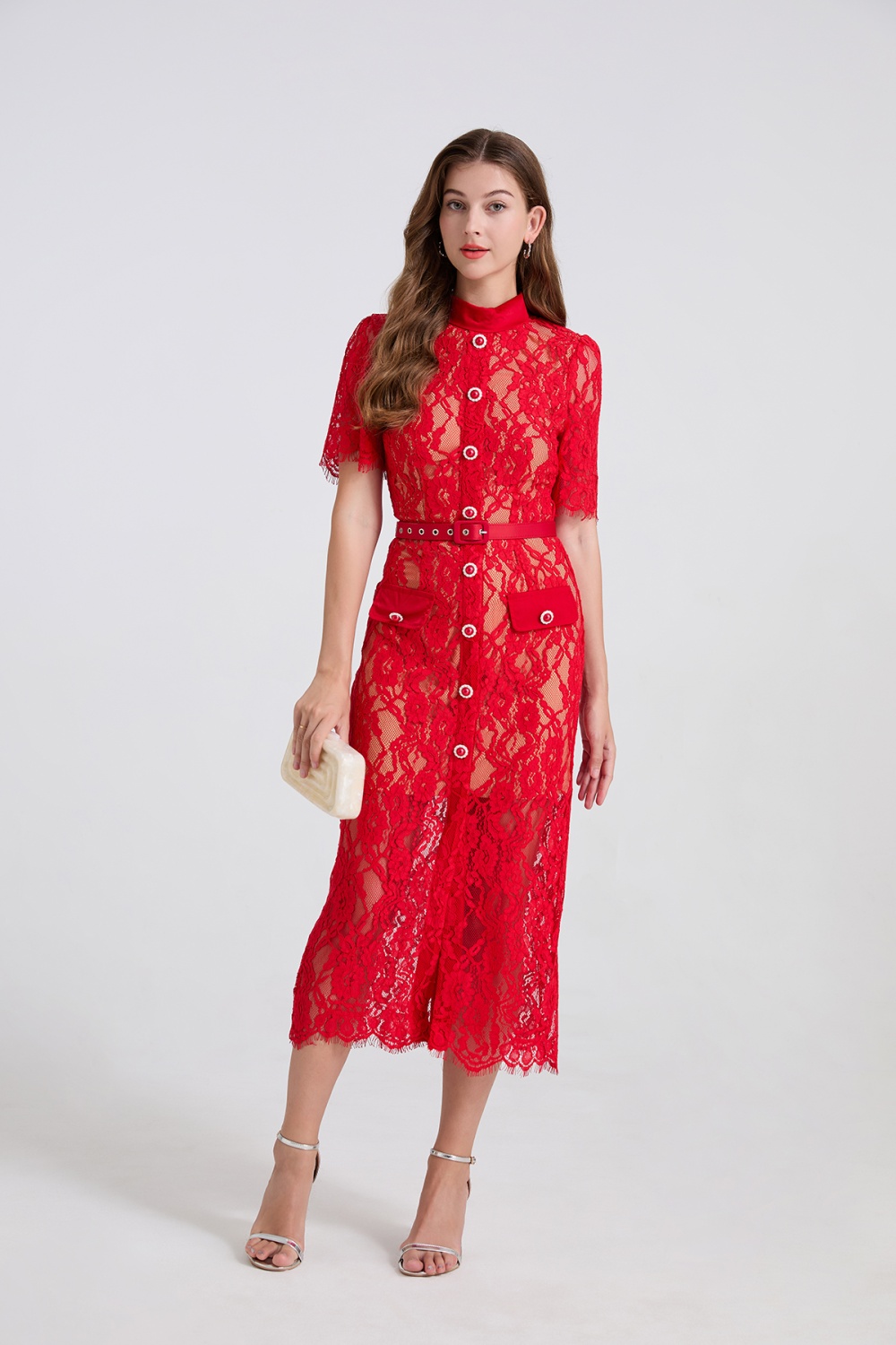 Splice elasticity high waist short sleeve dress