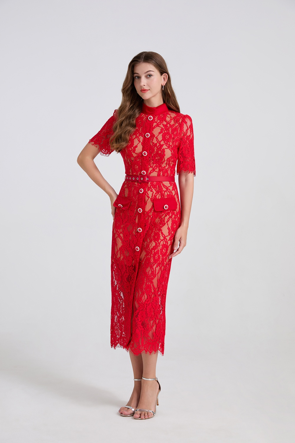 Splice elasticity high waist short sleeve dress