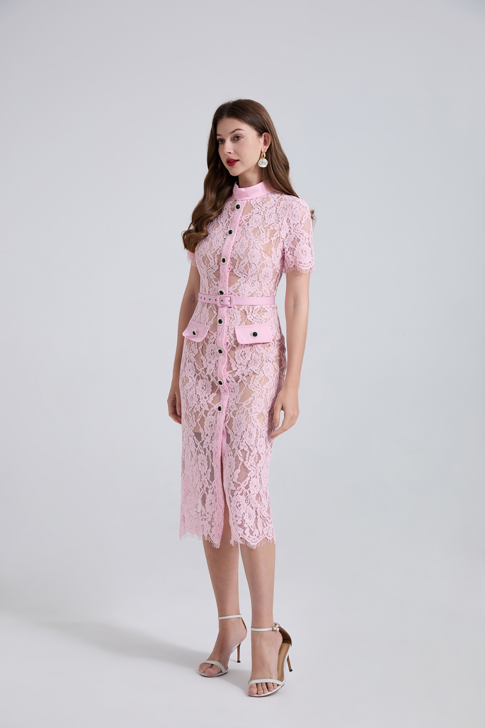 Splice elasticity high waist short sleeve dress