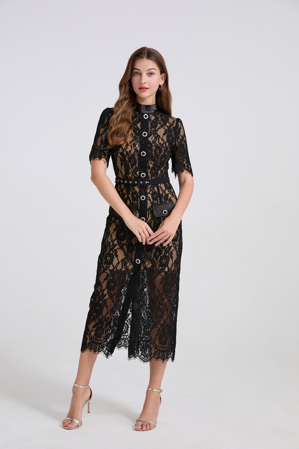 Splice elasticity high waist short sleeve dress