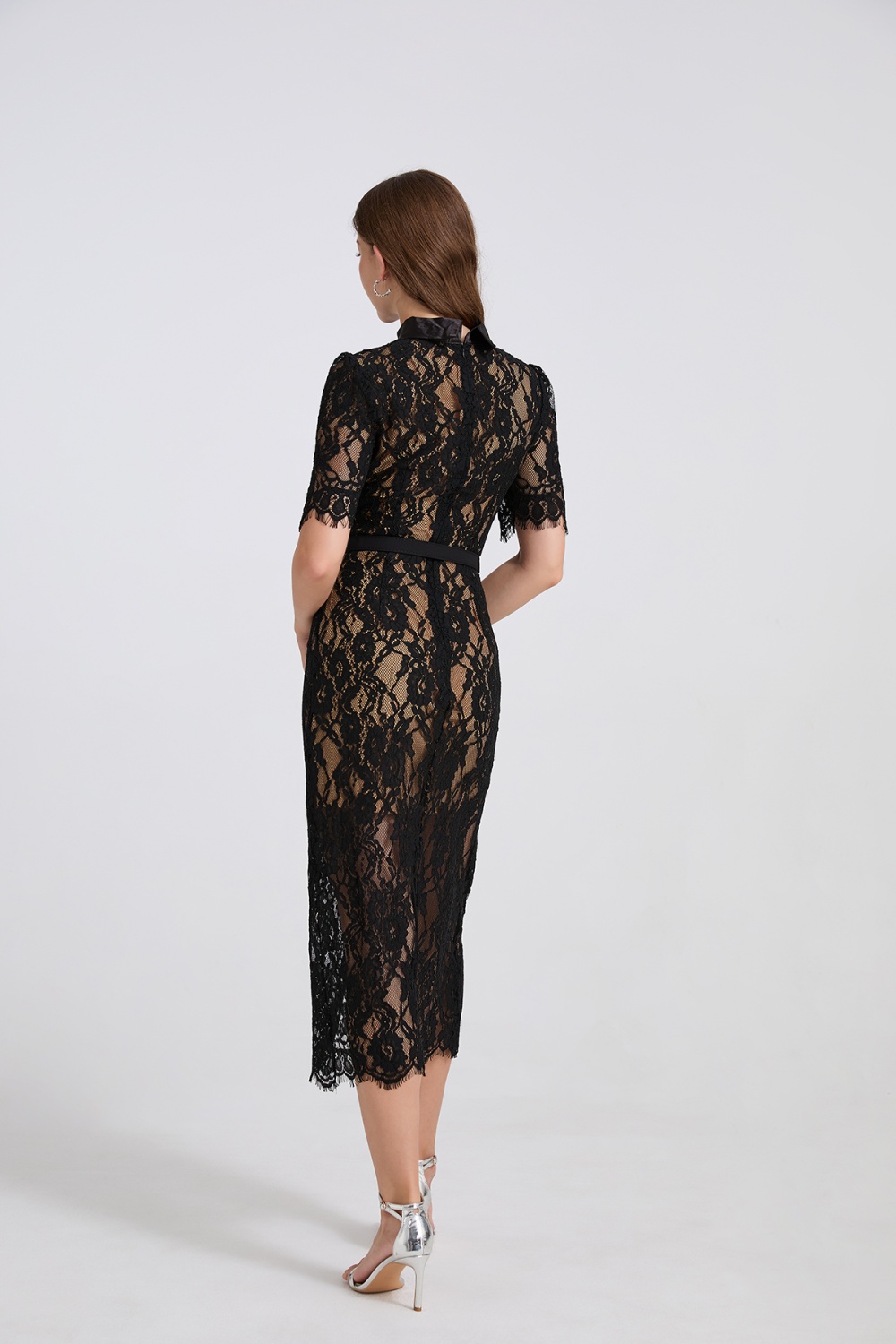 Splice elasticity high waist short sleeve dress