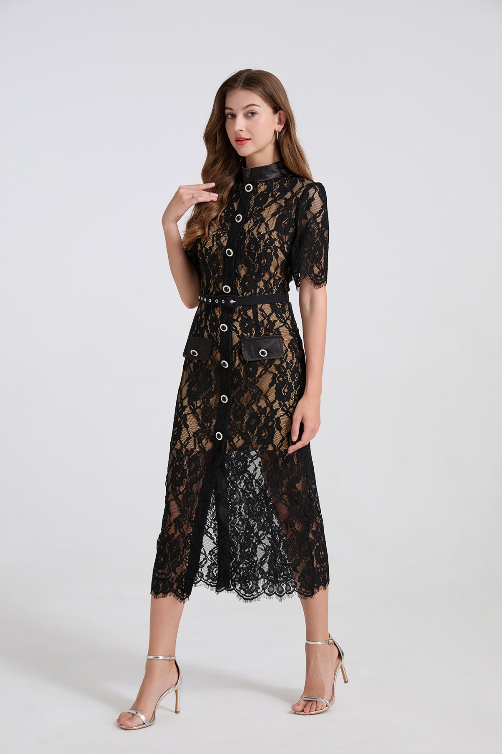 Splice elasticity high waist short sleeve dress