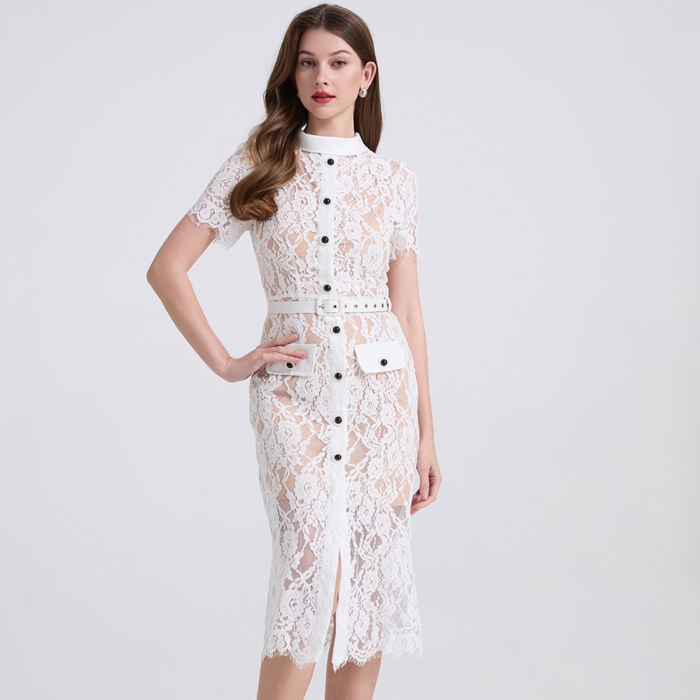 Splice elasticity high waist short sleeve dress