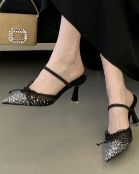 Wears outside bow high-heeled shoes gauze lady slippers