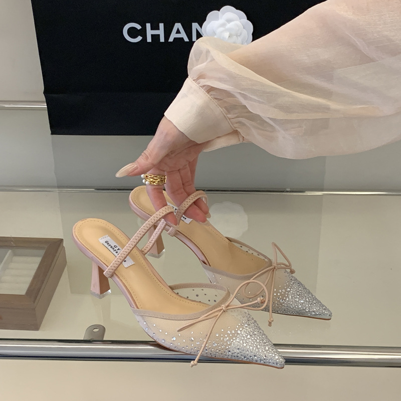 Wears outside bow high-heeled shoes gauze lady slippers