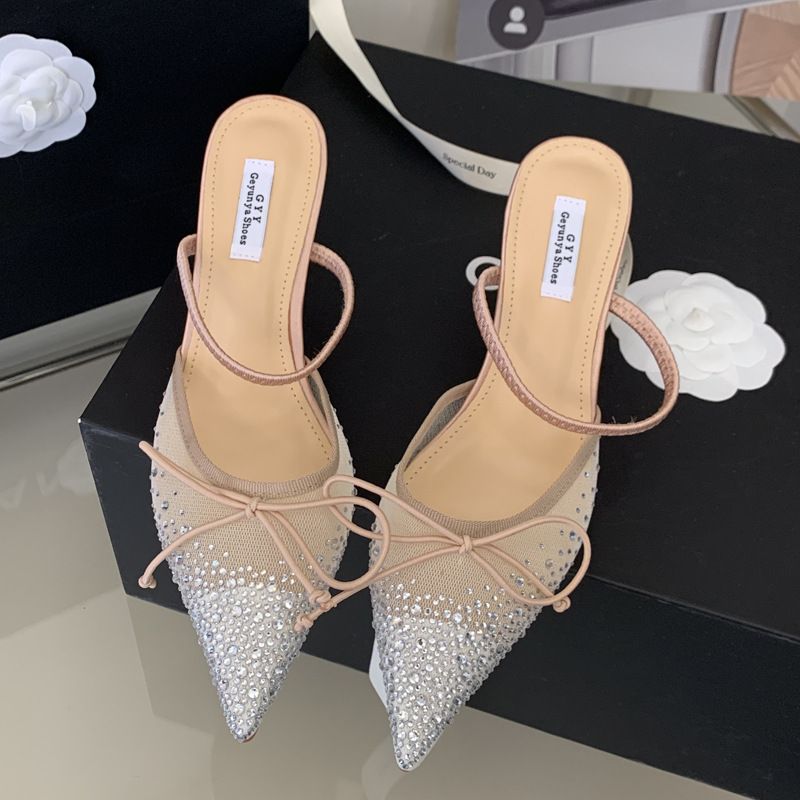 Wears outside bow high-heeled shoes gauze lady slippers
