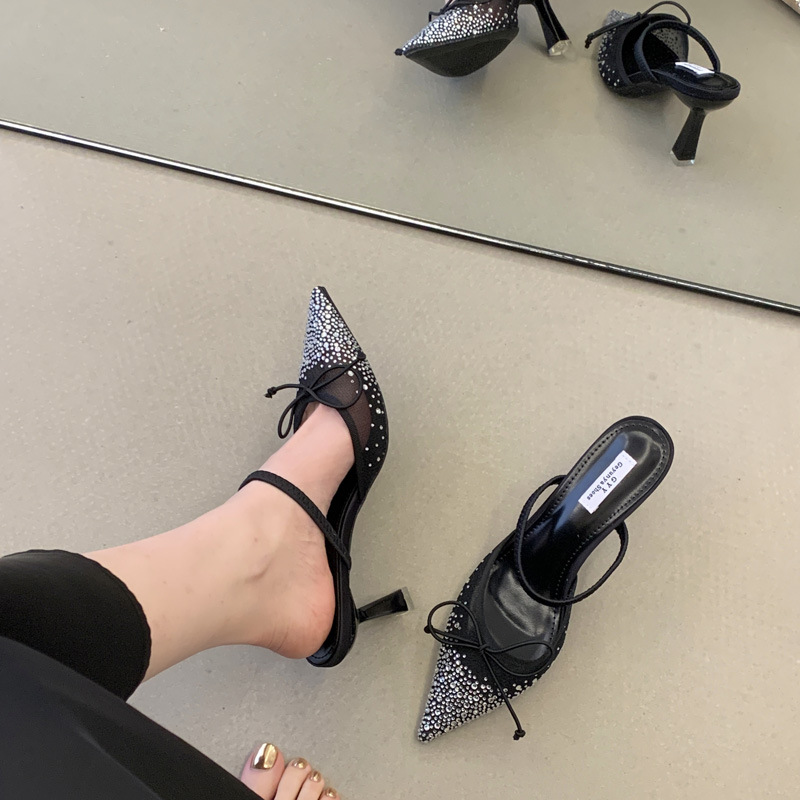 Wears outside bow high-heeled shoes gauze lady slippers