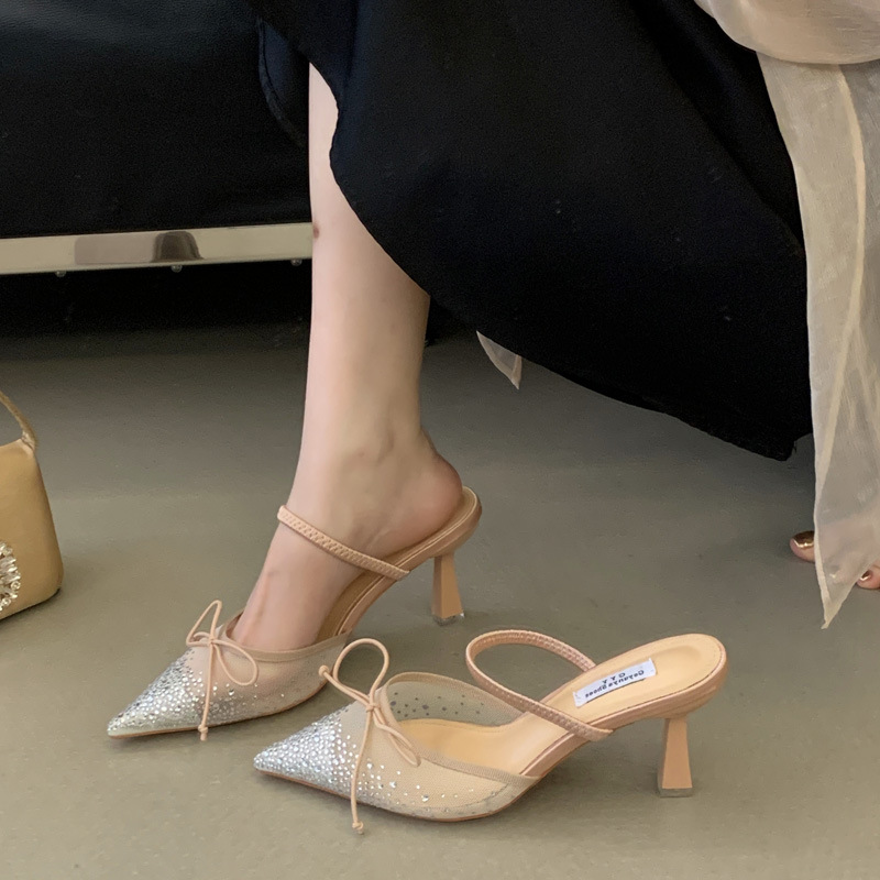 Wears outside bow high-heeled shoes gauze lady slippers