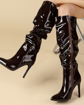 High-heeled patent leather women's boots glossy thigh boots