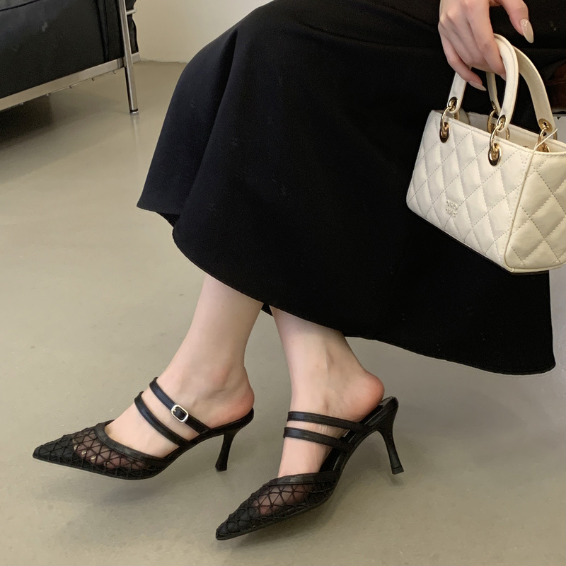 Fine-root pointed high-heeled shoes gauze slippers