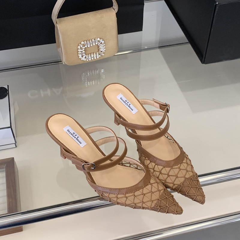 Fine-root pointed high-heeled shoes gauze slippers
