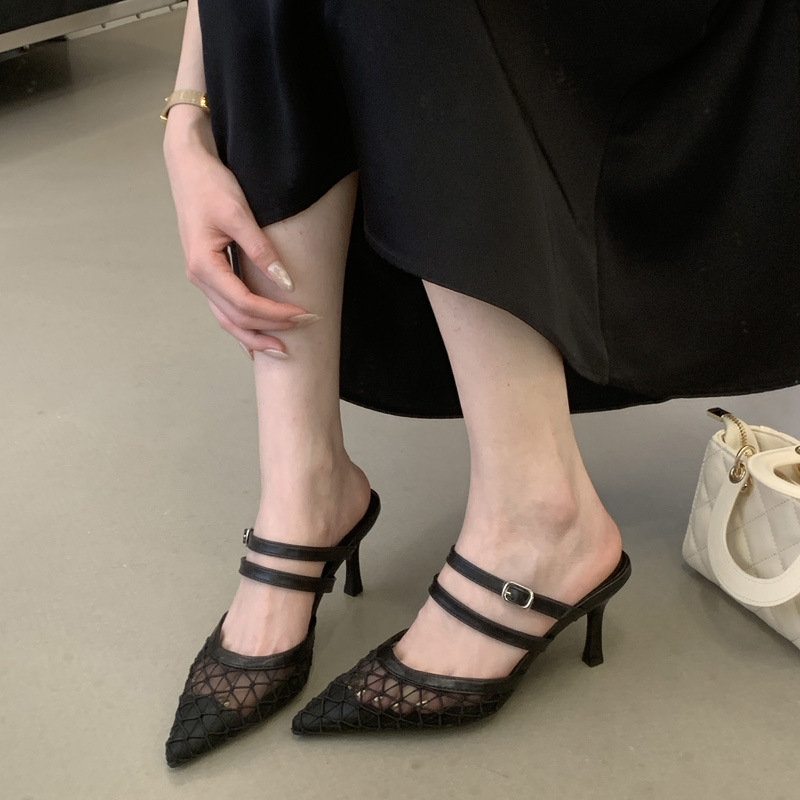 Fine-root pointed high-heeled shoes gauze slippers