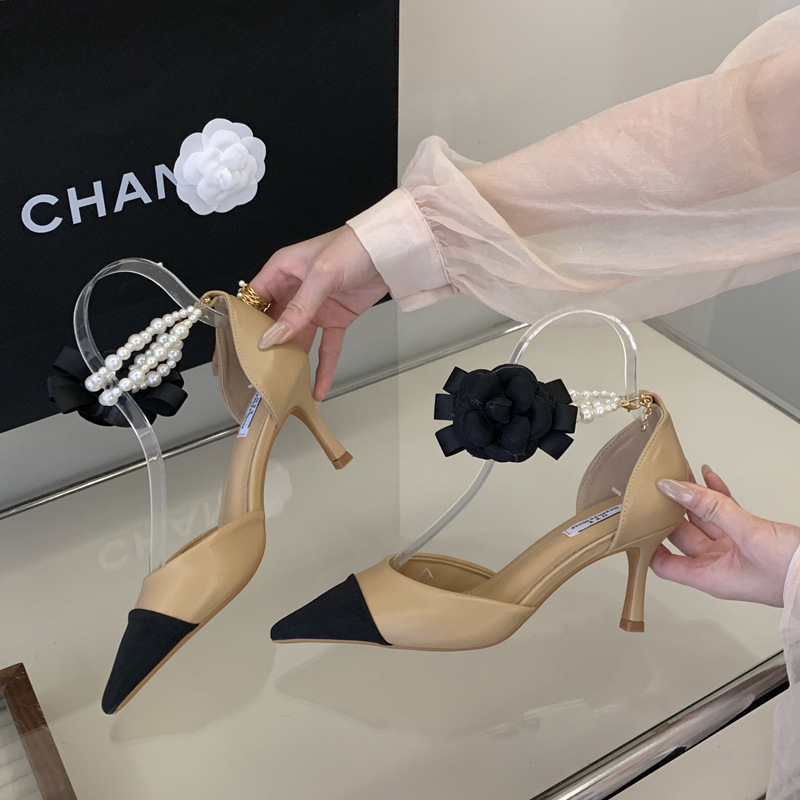 Pointed mixed colors high-heeled shoes low chanelstyle shoes