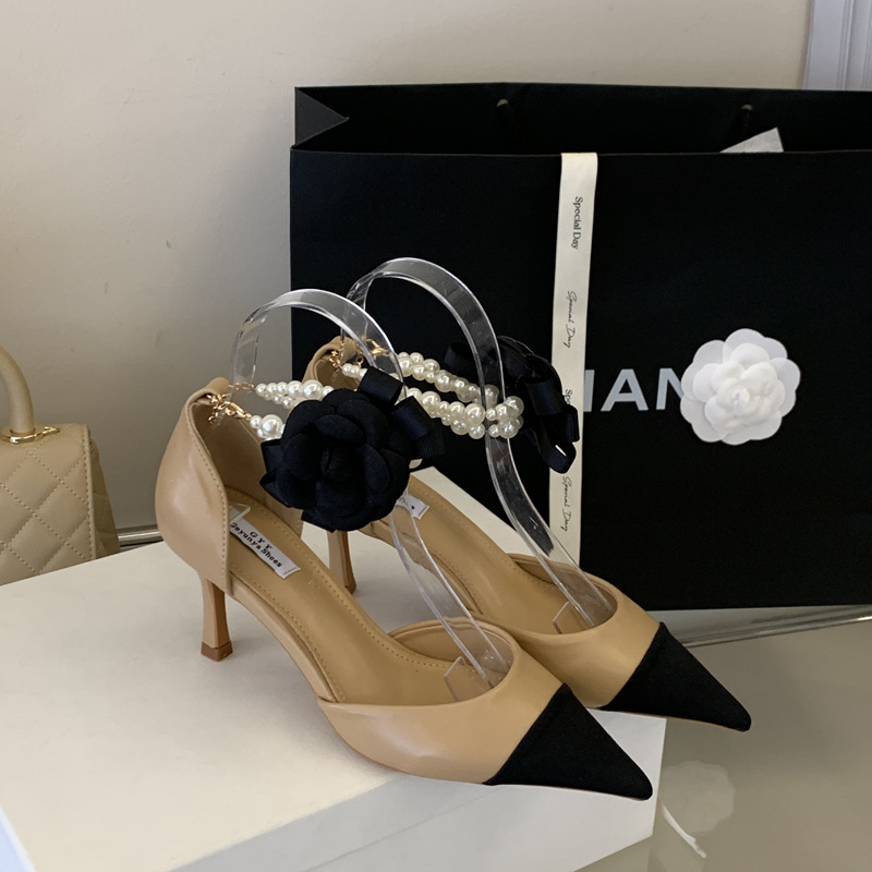Pointed mixed colors high-heeled shoes low chanelstyle shoes