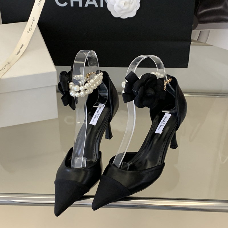 Pointed mixed colors high-heeled shoes low chanelstyle shoes