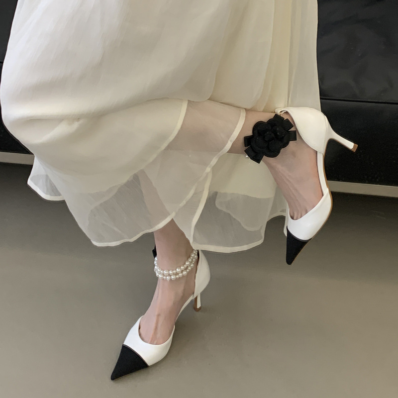 Pointed mixed colors high-heeled shoes low chanelstyle shoes