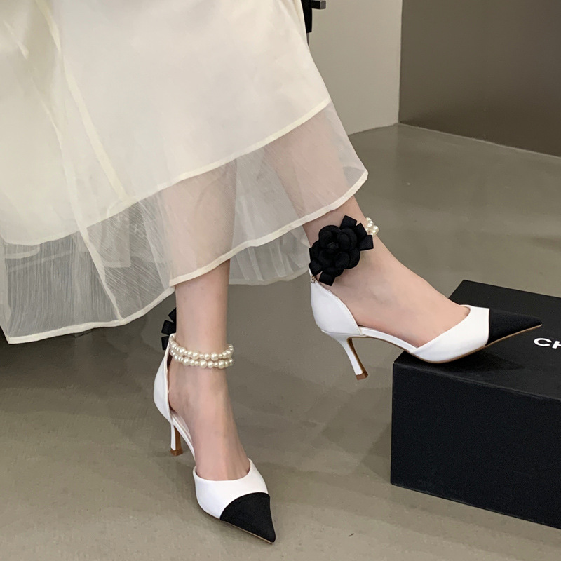 Pointed mixed colors high-heeled shoes low chanelstyle shoes