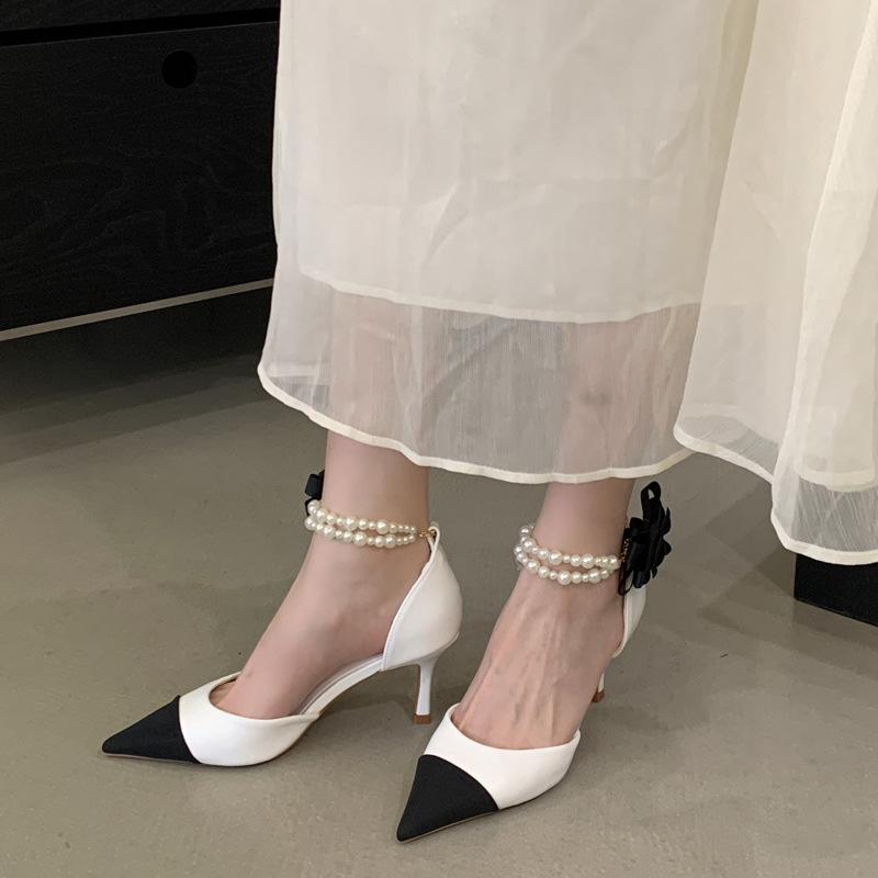 Pointed mixed colors high-heeled shoes low chanelstyle shoes