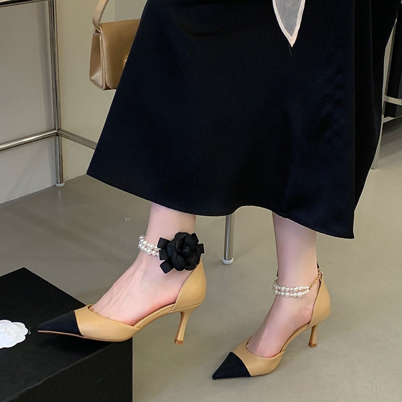 Pointed mixed colors high-heeled shoes low chanelstyle shoes