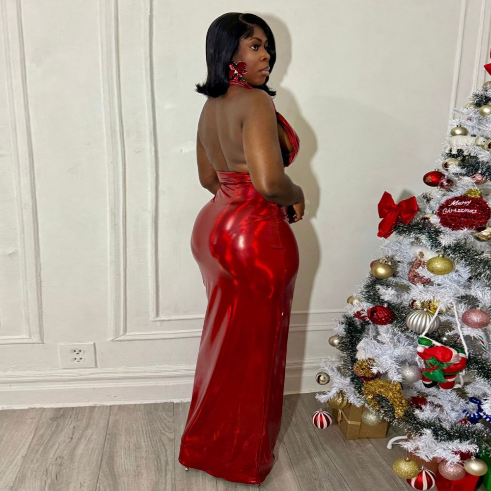 Sexy halter formal dress slim bronzing dress