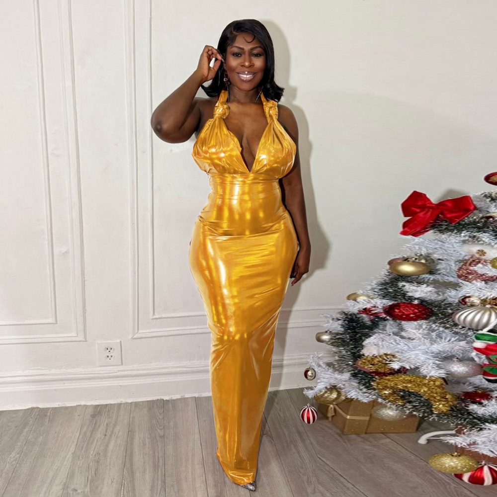 Sexy halter formal dress slim bronzing dress