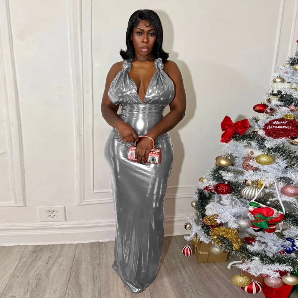 Sexy halter formal dress slim bronzing dress