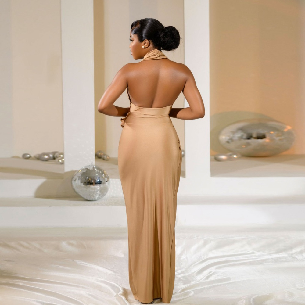 Slim halter V-neck European style pure dress for women