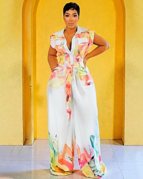 Sleeveless wide leg European style printing jumpsuit for women