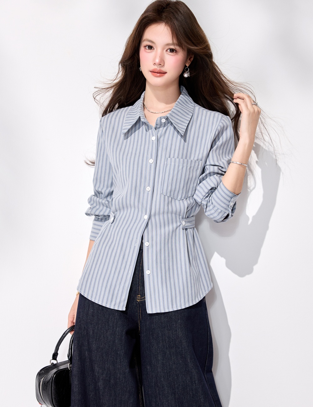 Western style long sleeve stripe tops spring commuting shirt