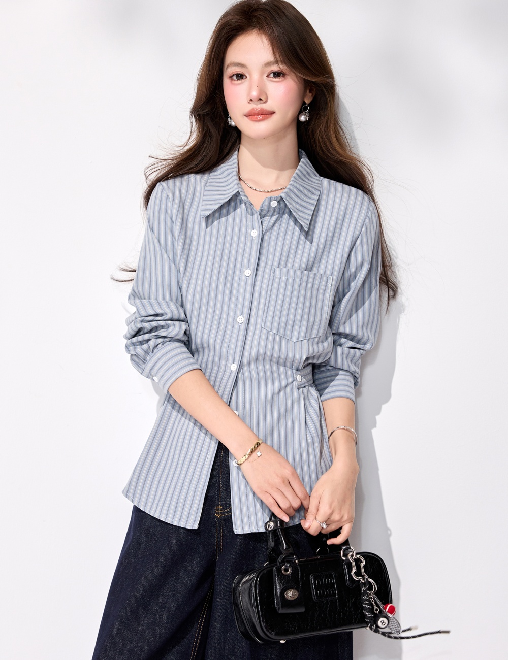 Western style long sleeve stripe tops spring commuting shirt