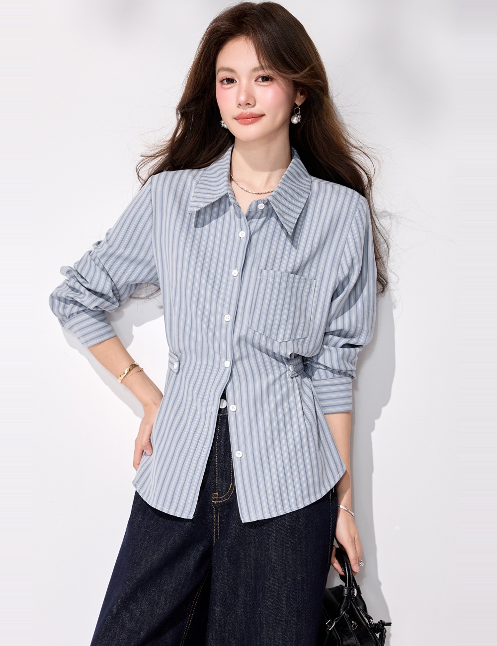 Western style long sleeve stripe tops spring commuting shirt