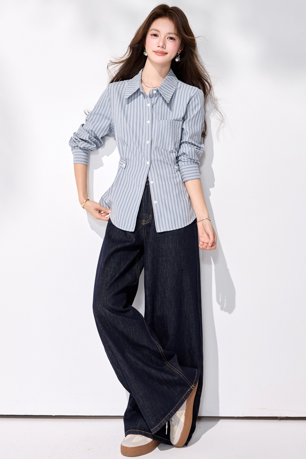 Western style long sleeve stripe tops spring commuting shirt