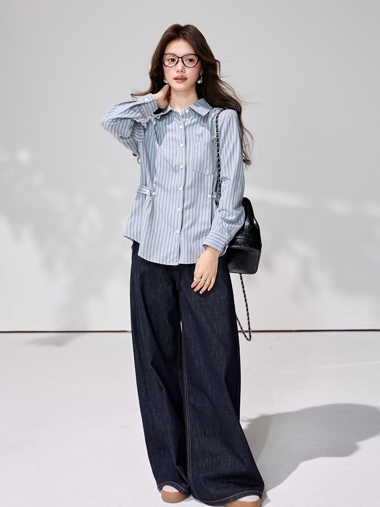 Western style long sleeve stripe tops spring commuting shirt