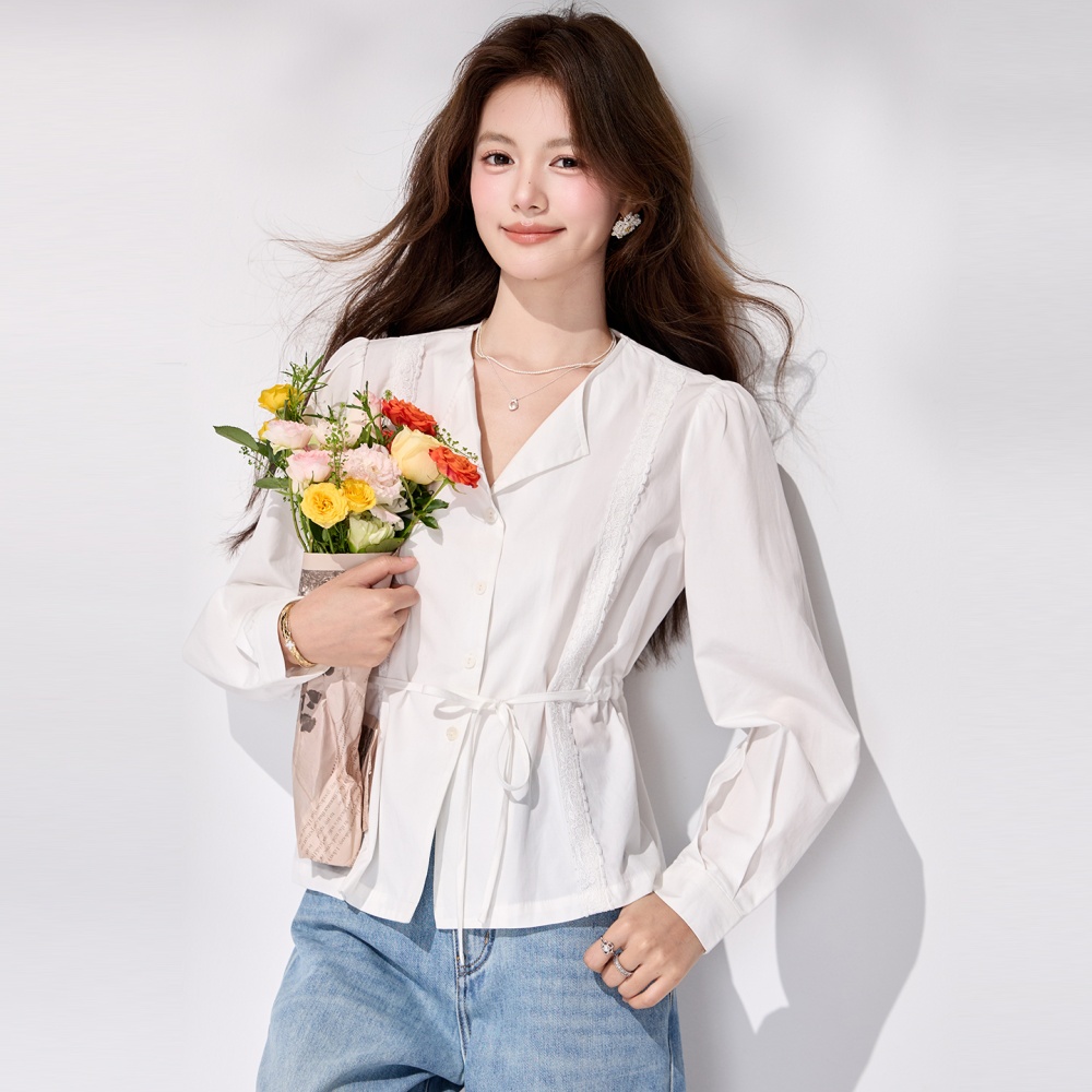 France style pinched waist frenum tops spring V-neck shirt