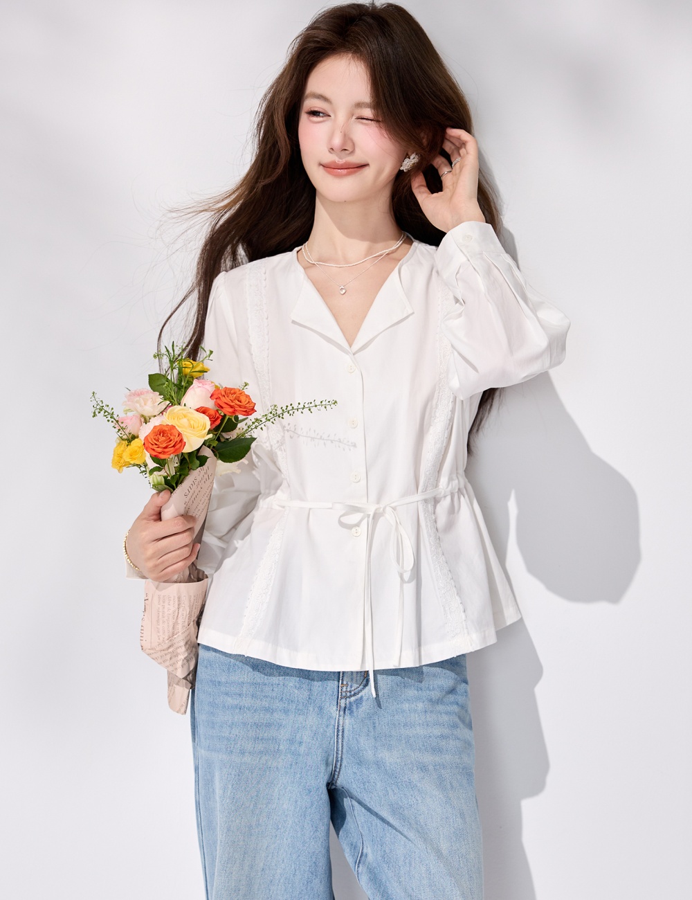 France style pinched waist frenum tops spring V-neck shirt